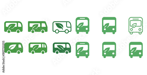 Green eco-friendly transportation icons featuring buses and vans with leaf symbols