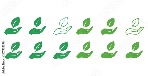 Green leaves in hands icon set depicting environmental conservation and sustainability