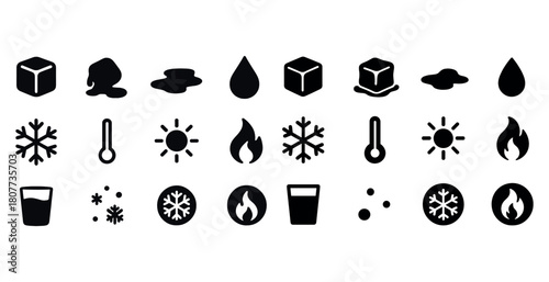 Collection of weather and temperature icons in black and white