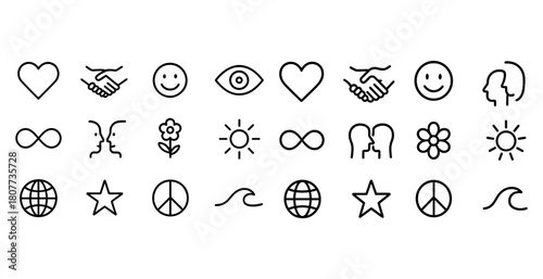Minimalist icon collection with heart, smiley, star, peace, and infinity symbols