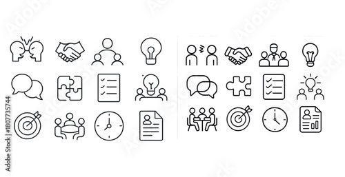 Team collaboration icons: communication, strategy, and innovation