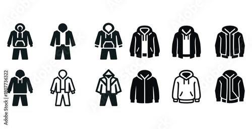Collection of hoodie and jacket icons in black and white for casual wear design