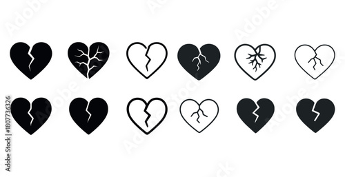 Set of various broken heart icons in black and white design
