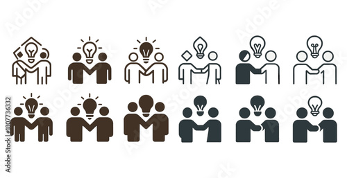 Collaborative teamwork icons depicting idea sharing with diverse figures
