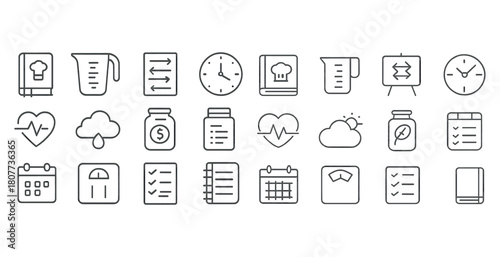 Collection of culinary and fitness icons in simple line art style