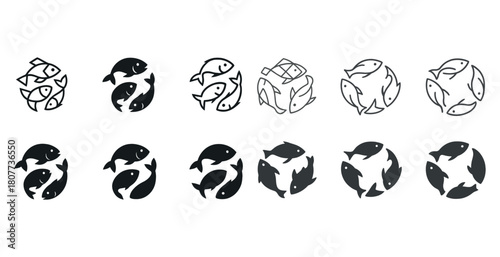 Set of fish icons in various styles featuring circular and yin-yang designs