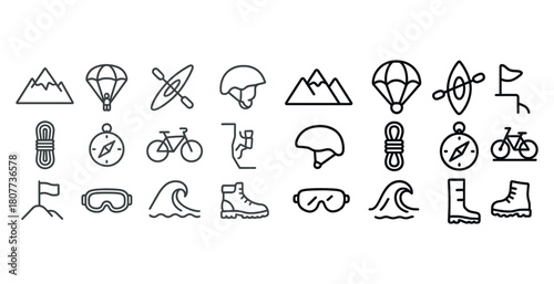 Outdoor adventure icons including hiking, cycling, kayaking, and climbing equipment