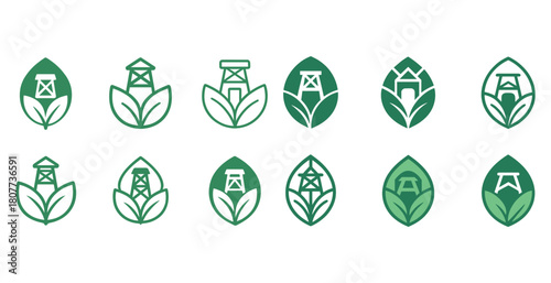 Green leaf oil rig vector icons representing eco-friendly energy