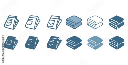 Vector icons of folded clothing: shirts, hoodies, t-shirts in blue tones