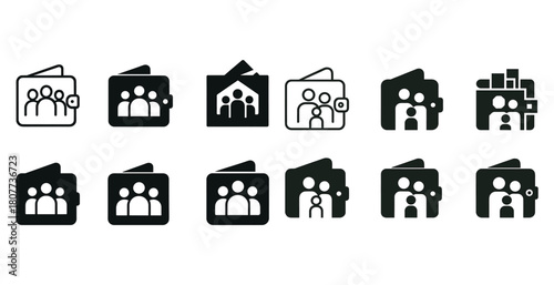 Collection of black and white family wallet icons