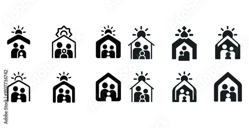 Family home icons with sun and gear elements in various designs