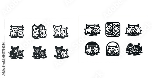 Cute cartoon pigs in various farm scenes with fences and mud puddles