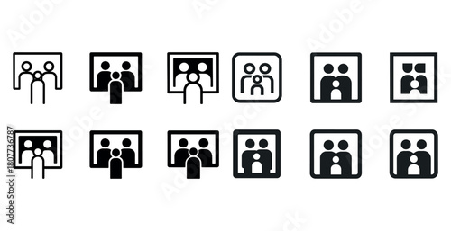 Set of 12 diverse family and group icons in simple black and white designs