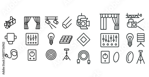 Theater and stage equipment icons set: lights, curtains, sound, video