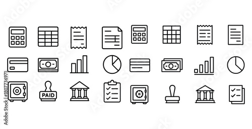 Financial icon set featuring calculators, charts, credit cards, and vault symbols