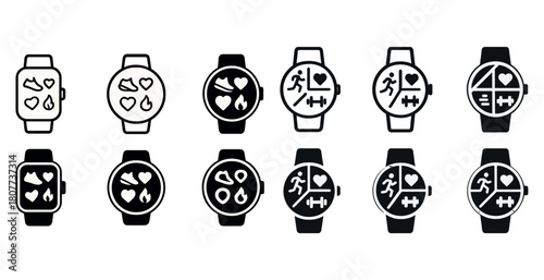 Digital fitness tracker icons displaying health and activity metrics
