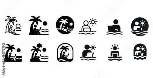 Summer beach vacation icons set featuring sunbathing and laptop work silhouettes