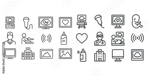 Ultrasound medical equipment and symbols in line art style