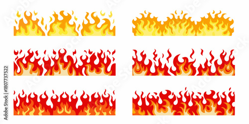 Cartoon fire borders set flames in different styles and colors