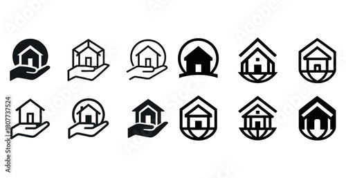 Set of twelve minimalist house logos featuring hands and geometric shapes