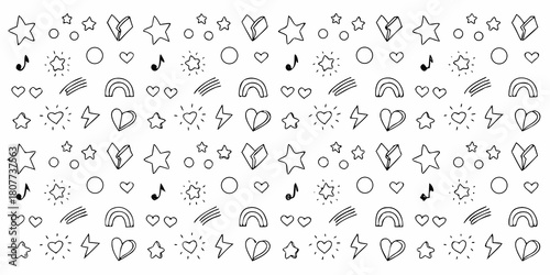 Hand drawn doodle pattern with stars hearts rainbows and musical notes