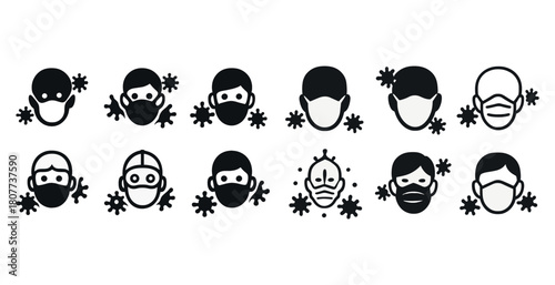 Set of virus protection icons featuring diverse masks on people