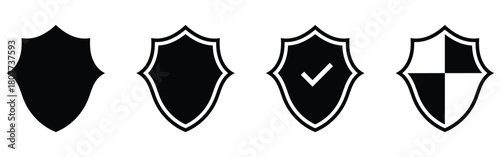 Dark black isolated modern Shield icon set on white background. Graphical safety vector icons on white background. Set of isolated shield graphical icons. EPS 10. 