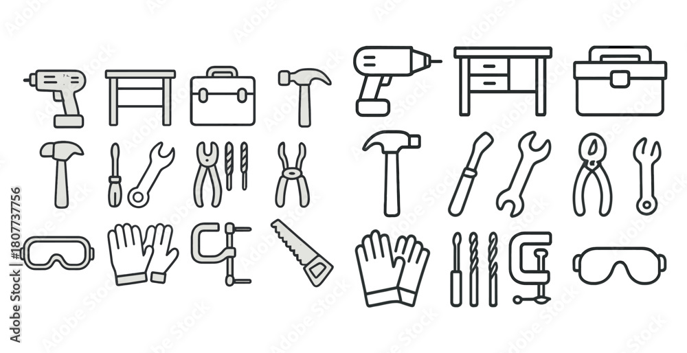Obraz premium Outline icons of tools and equipment including hammer, drill, saw, and toolbox