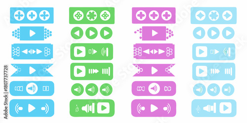 Hand drawn colorful playback control buttons in blue green and pink