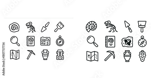 Collection of archaeology icons including tools, artifacts, and fossils