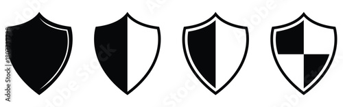 Dark black isolated modern Shield icon set on white background. Graphical safety vector icons on white background. Set of isolated shield graphical icons. EPS 10. 