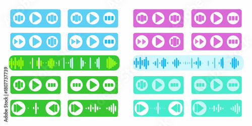 Colorful audio and video player control buttons and waveforms set