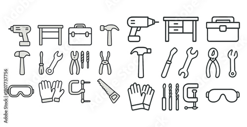 Outline icons of tools and equipment including hammer, drill, saw, and toolbox