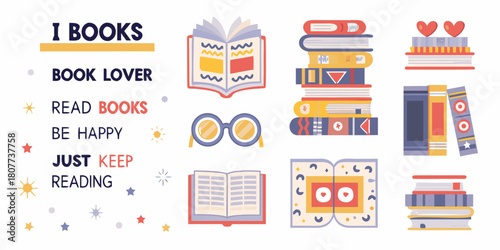 Colorful book illustration with reading quotes and book stacks