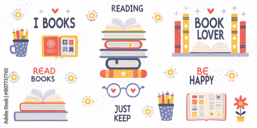 Reading is fundamental cute book lover illustration with books and stationery
