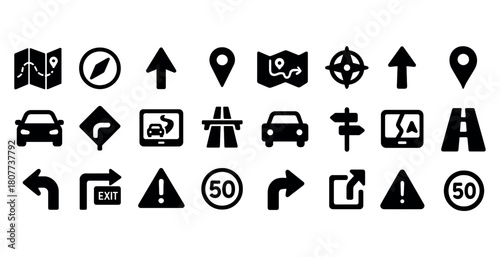 Navigation and traffic icons set featuring arrows, maps, and road signs