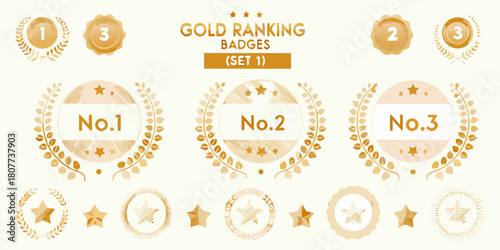 Gold ranking badges set 1 with laurel wreaths and star decorations