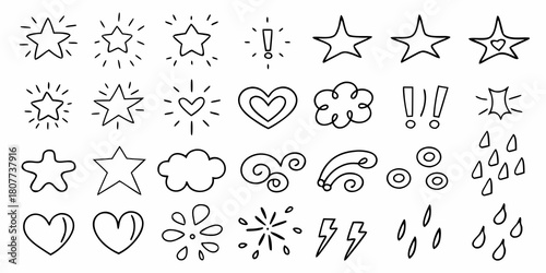 Hand drawn doodle elements stars hearts clouds raindrops and lightning