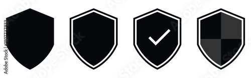 Dark black isolated modern Shield icon set on white background. Graphical safety vector icons on white background. Set of isolated shield graphical icons.  EPS 10. 