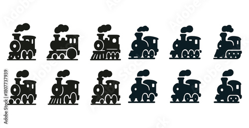 Set of ten steam train silhouettes in black on white background