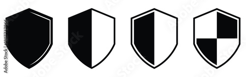 Dark black isolated modern Shield icon set on white background. Graphical safety vector icons on white background. Set of isolated shield graphical icons.  EPS 10. 