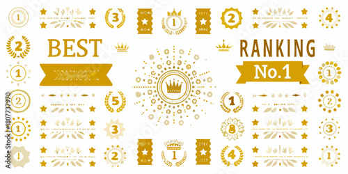 Golden ranking elements and badges collection on white background