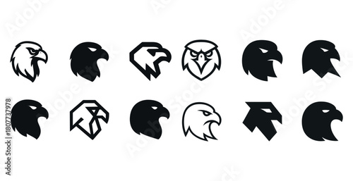 Stylized eagle head icons collection in black and white