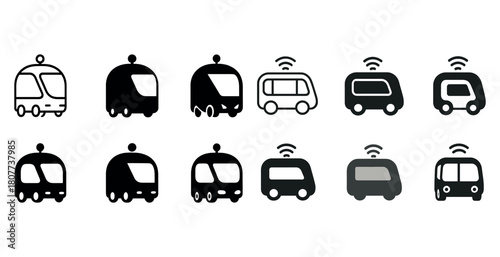 Set of autonomous vehicle icons representing various designs and signal connectivity