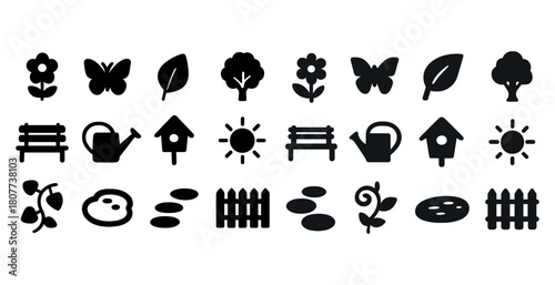 Silhouette garden icons: trees, flowers, benches, picket fences, birdhouses, sun, leaves, watering can