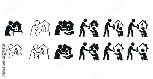 Icon set depicting child reading, listening, and using mouthwash in simple illustrations