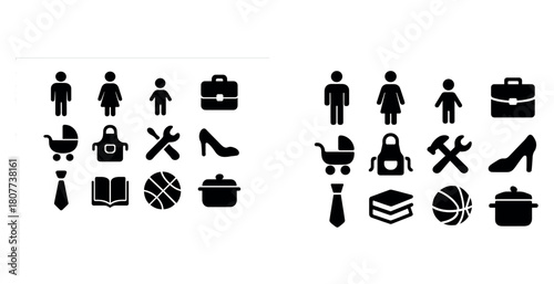 Equal gender roles icons: education, work, family balance symbols