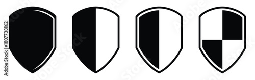 Dark isolated modern graphical shield icons set. Flat secure vector shield icons set. Black logotype shield icons set on white background. EPS 10. 