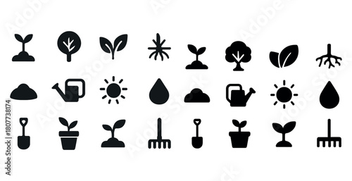 Simple gardening icons set: plants, tools, and nature elements