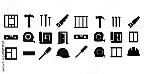 Collection of construction tool icons including hammer, saw, nails, helmet, and tape measure